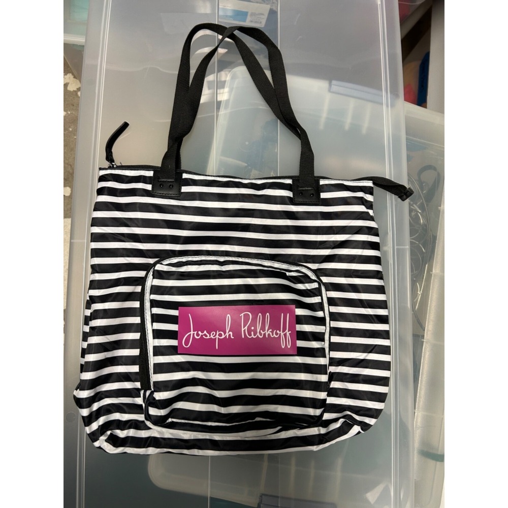 Joseph Ribkoff Black White Stripe Packable Tote Bag Purse Pink Logo Lining NWOT